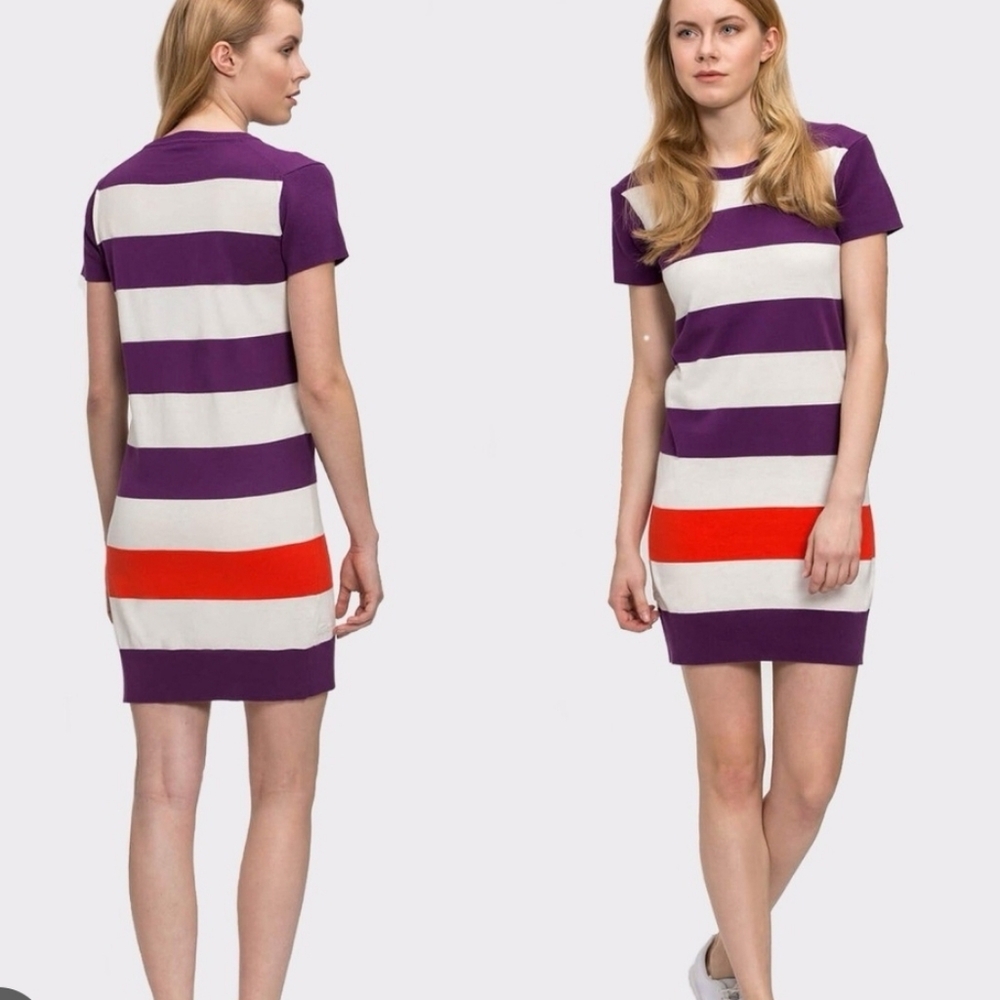 NWT LACOSTE Wide Sailor Stripe Knit Dress, Purple/orange